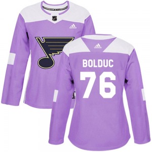 Women's Authentic St. Louis Blues Zack Bolduc Purple Hockey Fights Cancer Official Adidas Jersey