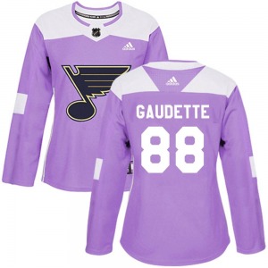 Women's Authentic St. Louis Blues Adam Gaudette Purple Hockey Fights Cancer Official Adidas Jersey