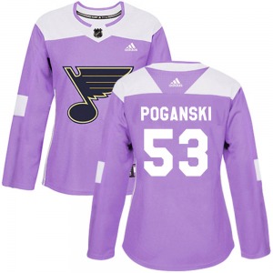 Women's Authentic St. Louis Blues Austin Poganski Purple ized Hockey Fights Cancer Official Adidas Jersey